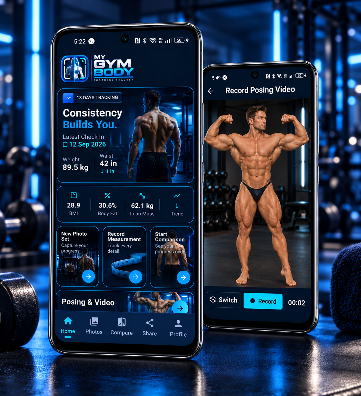 My Gym Body dashboard and Record Posing Video screens shown in a dual-phone mockup