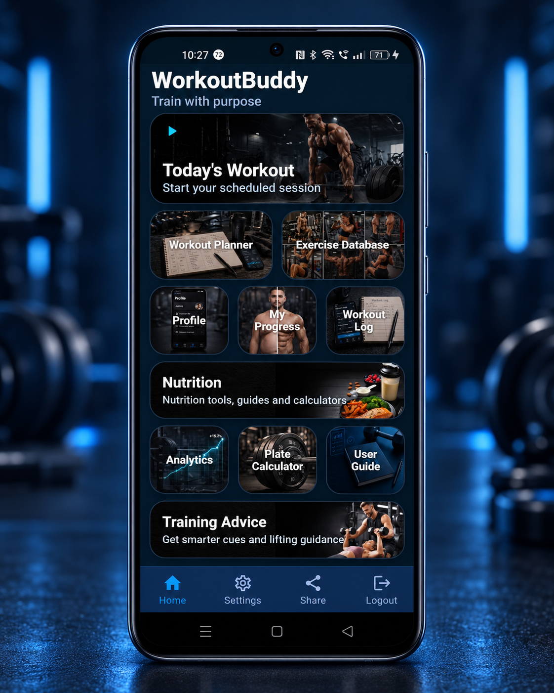 WorkoutBuddy home screen showing Today’s Workout, Workout Planner, Exercise Database, My Progress, Workout Log and app tools
