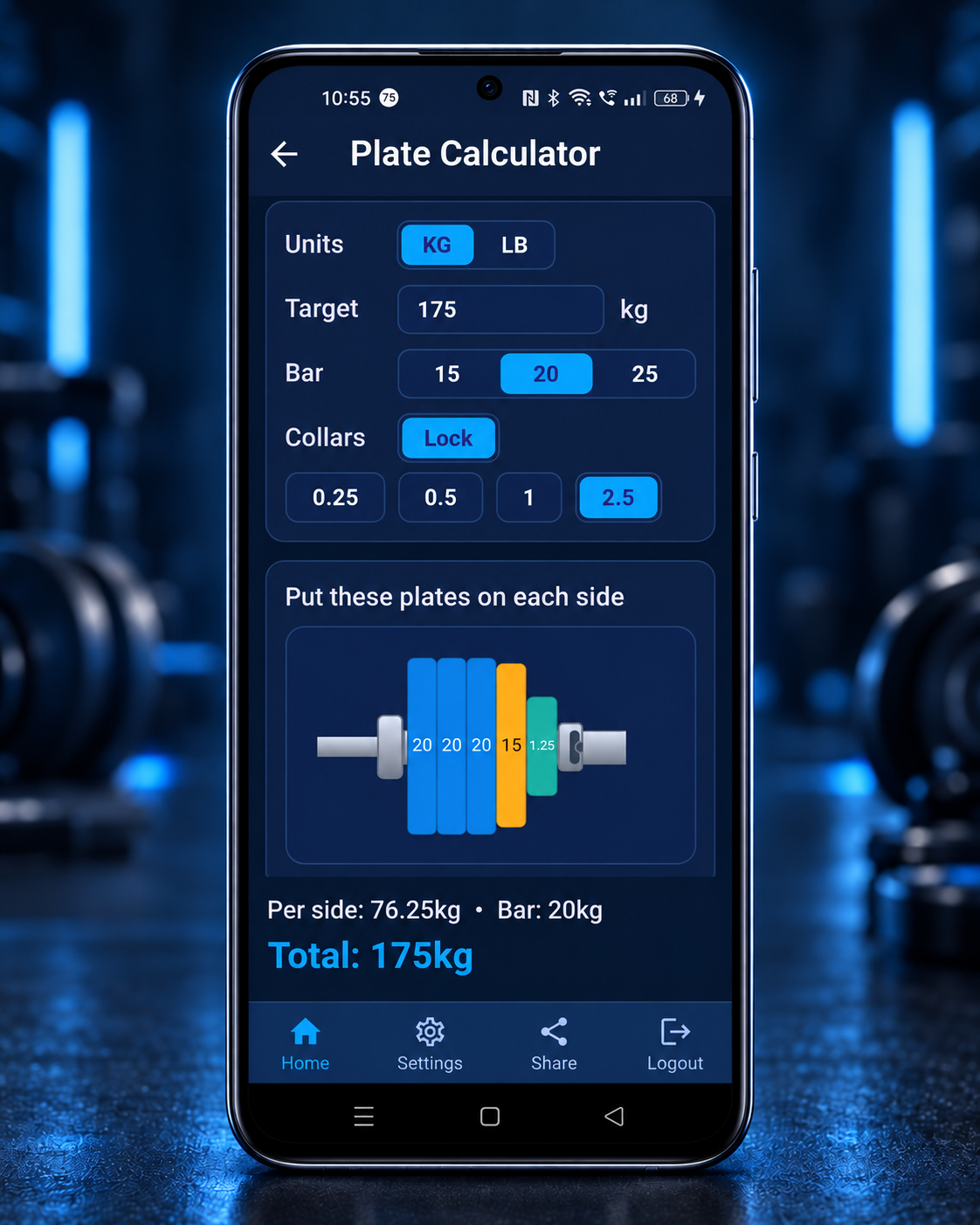 WorkoutBuddy Plate Calculator showing bar weight, target weight and plates to load