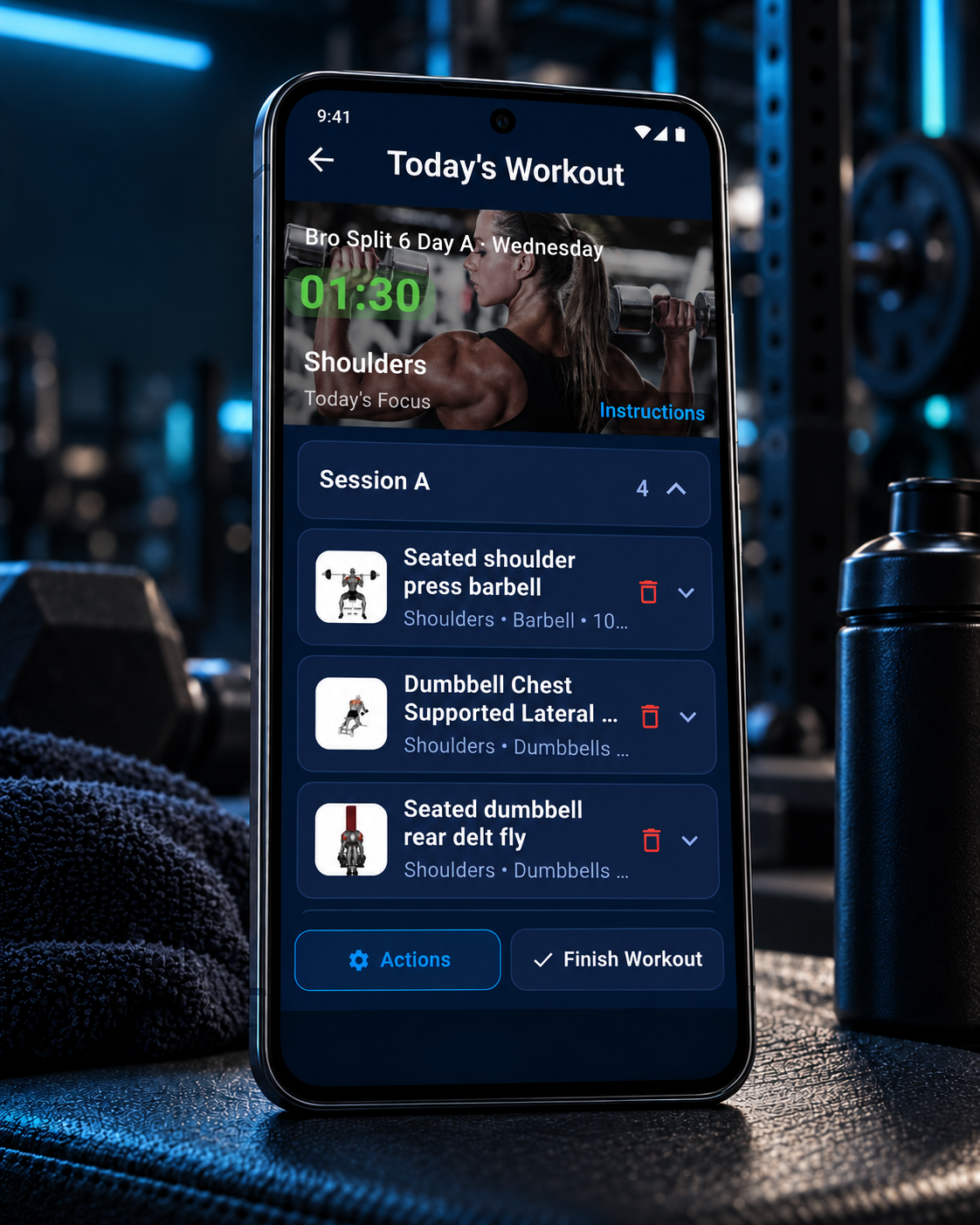 WorkoutBuddy Today's Workout screen showing a female shoulder workout with a collapsed exercise list