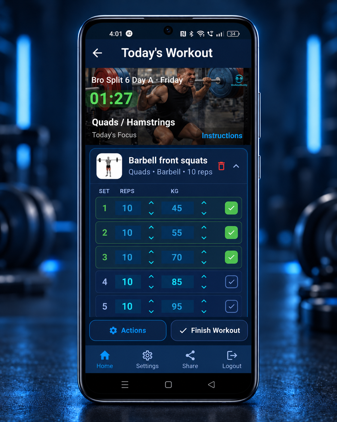 WorkoutBuddy Today's Workout app screen showing a live squat session with completed sets and Finish Workout controls