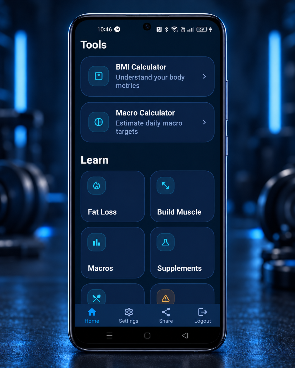 WorkoutBuddy Tools and Learn screen showing BMI Calculator, Macro Calculator and training topics
