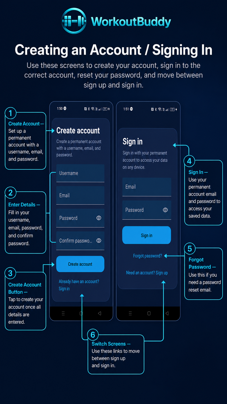 WorkoutBuddy Creating an Account and Signing In guide screenshot