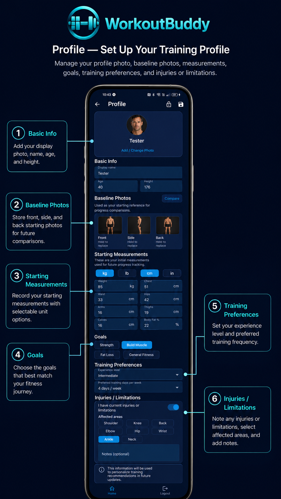 WorkoutBuddy Profile guide screenshot