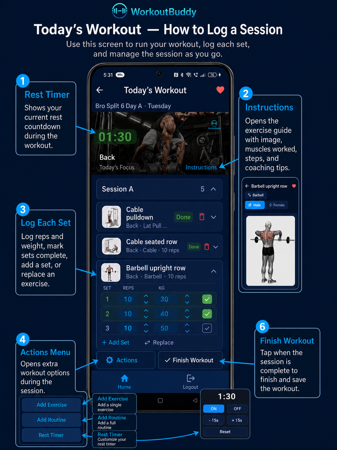 WorkoutBuddy Today’s Workout annotated guide screenshot