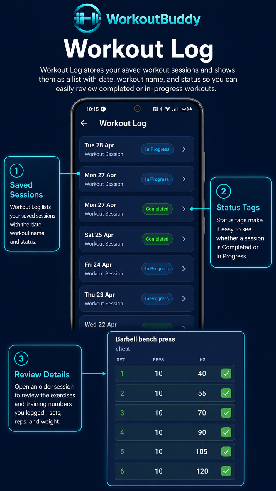 WorkoutBuddy Workout Log guide screenshot